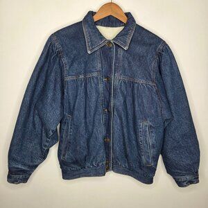 Pan Asia Womens Vintage 80's Denim Jean Jacket Size L Bomber Pleated Heavy Warm
